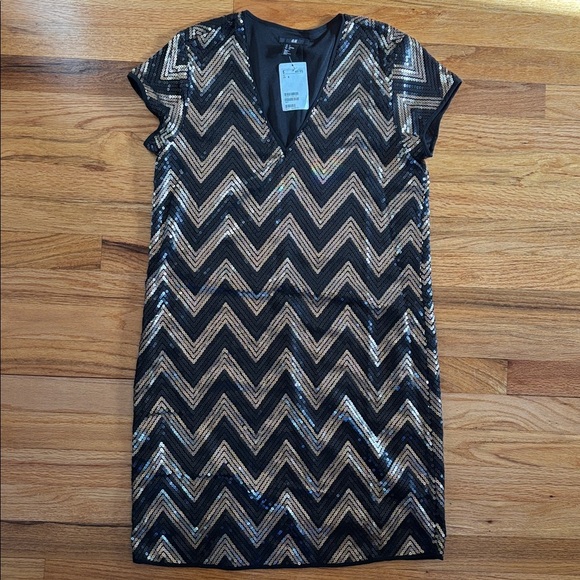 H&M Sequined Black and Gold Midi Dress Women’s Size Small Party Cocktail holiday - Picture 2 of 8